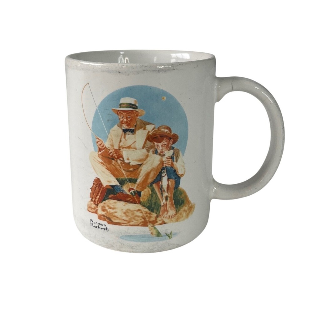 Norman Rockwell Catching The Big One Mug Vintage 1987 White Fishing